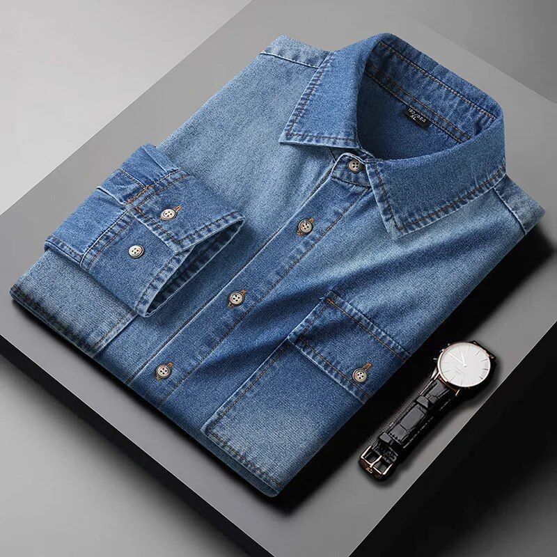 Spring and autumn denim shirt for men, featuring casual slim fit and long sleeves in blue