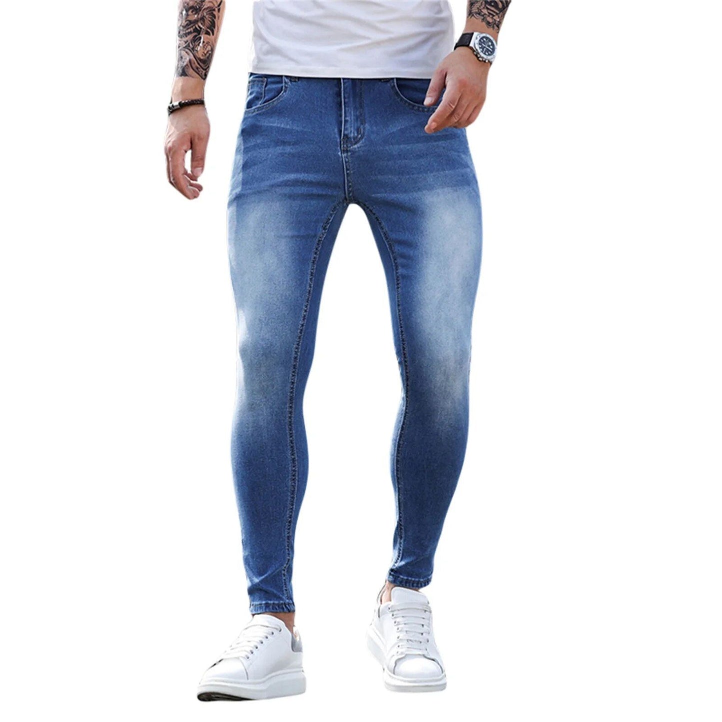 Stylish men's skinny slim fit stretch jeans in blue, complete with pockets
