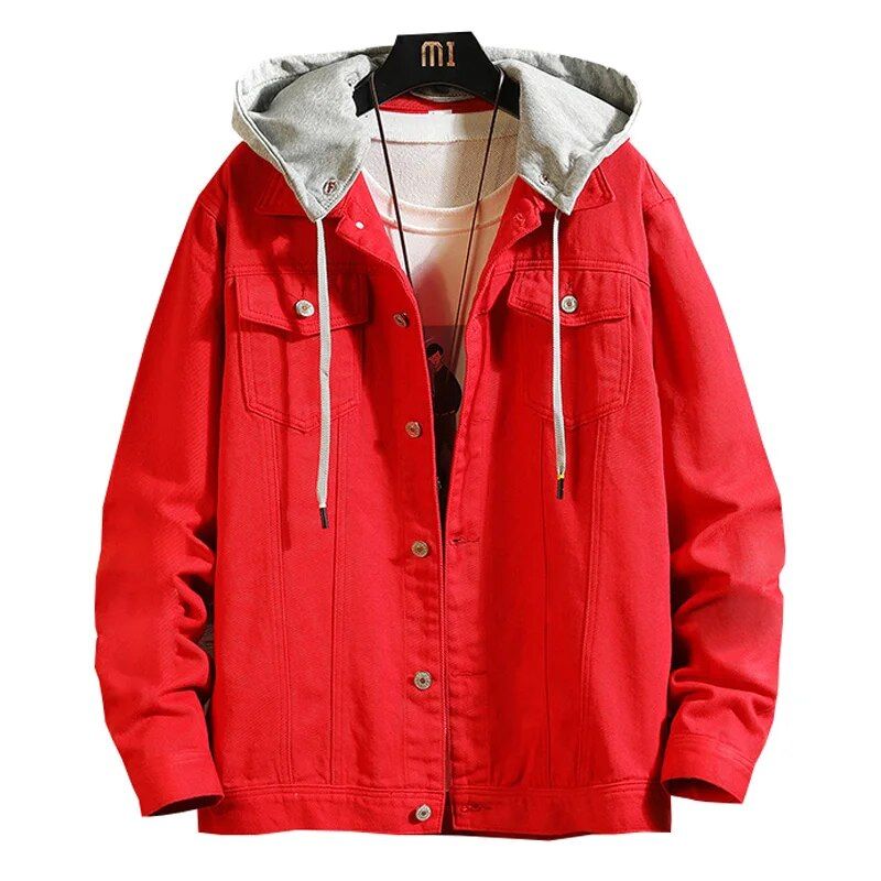 red color casual denim bomber jacket 