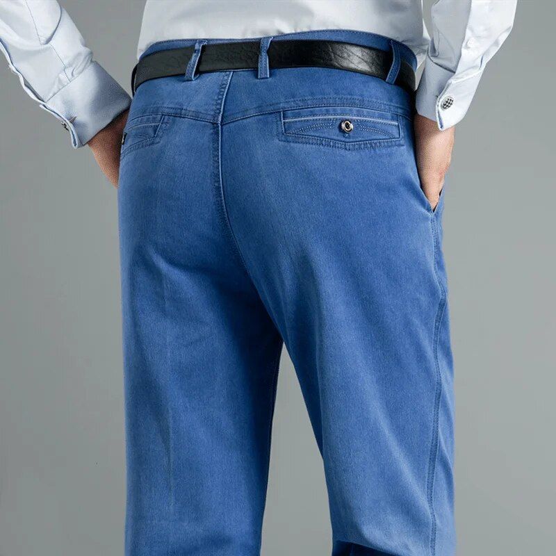 Men's Vintage High Waist Straight Leg Casual Denim Jeans in light blue color