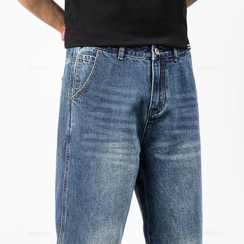 Men's harem jeans in blue cotton, featuring ankle length