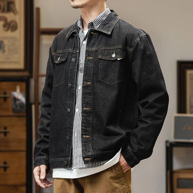Men's Oversized Black Denim Jacket - Casual Cotton Motorcycle Coat for Spring and Autumn
