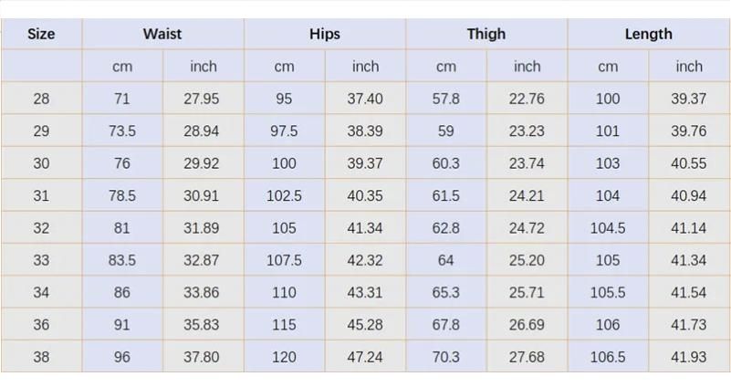 Spring-Summer Lightweight Stretch Denim Jeans size chart