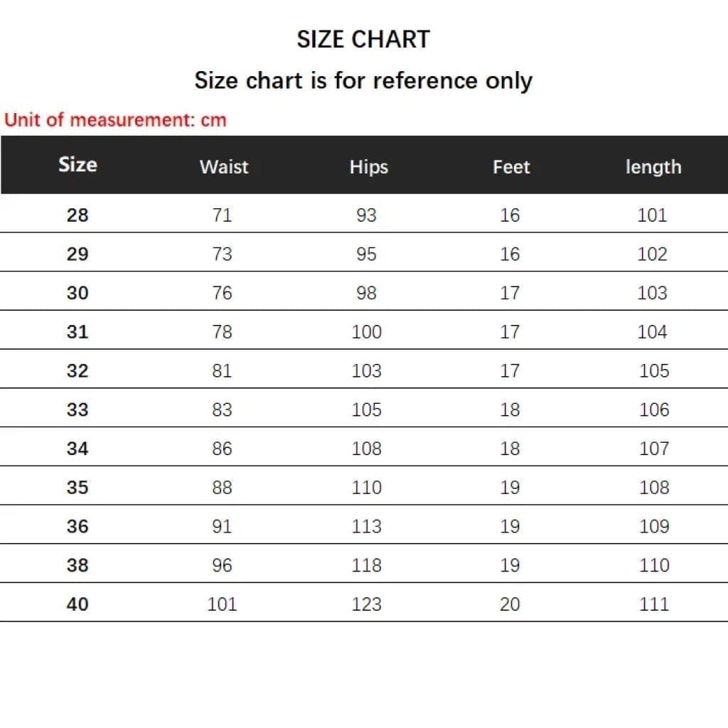 Classic men's stretch jeans size chart